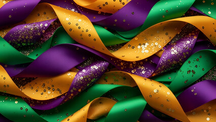 Mardi Gras festival abstract background with waving satin ribbons and golden sequins.