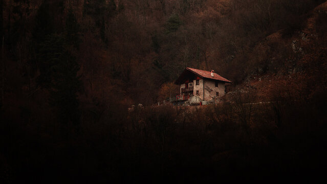 Lonely Isolated house in the forest on the mountain hill, calm nature home in Italy