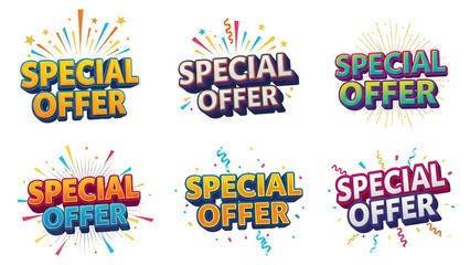 A vibrant collection of special offer badges featuring dynamic typography, energetic burst effects, and festive confetti elements, perfectly suited for impactful marketing, promotions, and engaging