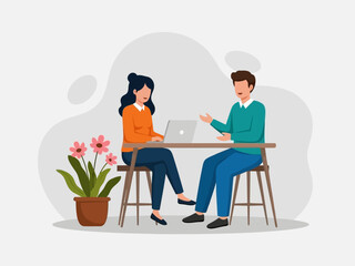 Two colleagues discussing project on laptop in meeting at office with plant