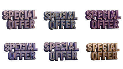 Captivating collection of glossy 3D special offer text variations for enhancing online retail sales promotions and marketing discount advertising campaigns. Perfect graphic asset for e-commerce.