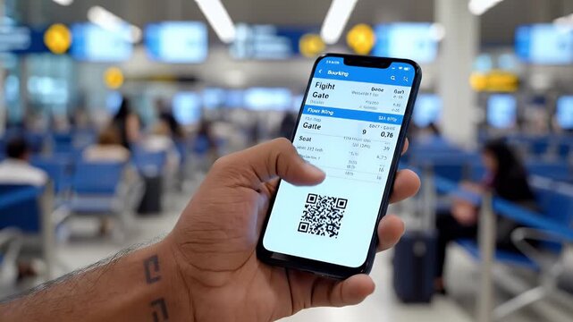 Flight Booking App Mobile Phone Airport Travel Ticket Boarding Pass QR Code Digital Technology Passenger Journey Vacation Trip Lifestyle Stock Video Footage