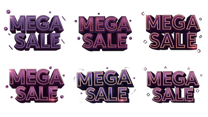 Dynamic purple mega sale text effects set featuring various glowing 3D typography styles perfect for online promotions and digital marketing banners announcing big discounts and special offers.