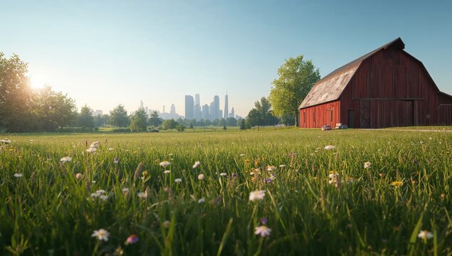 Traditional red farm barn surrounded by open grassy field and flowers with modern city buildings visible on the horizon in background