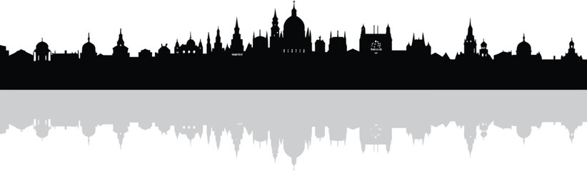 Urban cityscape silhouette featuring skyscrapers and spires