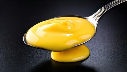 Close-up of a Spoonful of Bright Yellow Hollandaise Sauce.