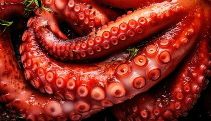 Close-up of Cooked Octopus Tentacles with Visible Suckers.