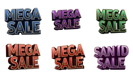 Dynamic collection of vibrant 3D text effects showcasing 'MEGA SALE' in diverse shiny metallic styles, perfect for engaging advertising campaigns and impactful online promotions.