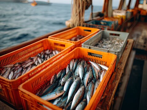 A top view of freshly caught fish, sorted by size in plastic crates on the deck of a fishing boat.