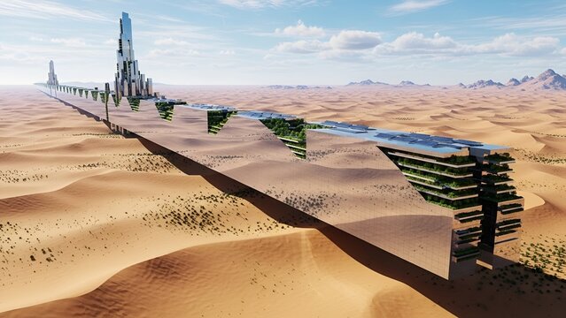Conceptual futuristic mirrored city design integrated within a desert environment