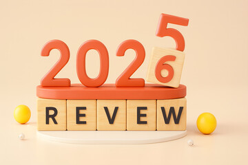 Year-End Review Transition – Stylized Shift from 2025 to 2026 with Falling Digit and Wooden “REVIEW” Blocks Surrounded by Decorative Spheres on Soft Beige Background for Editorial Use