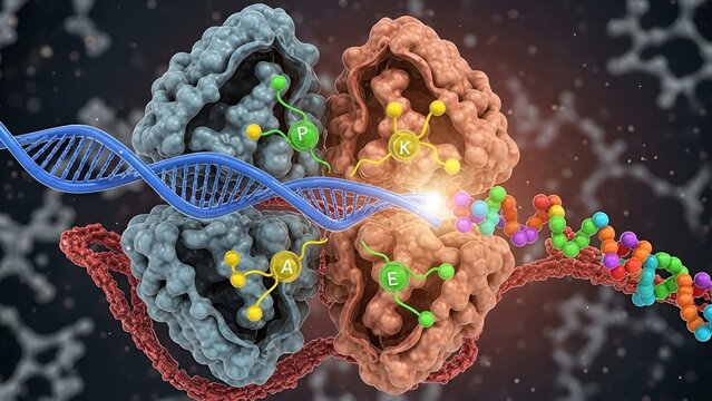 Detailed molecular model representing processes and interactions in cell biology - Powered by Adobe
