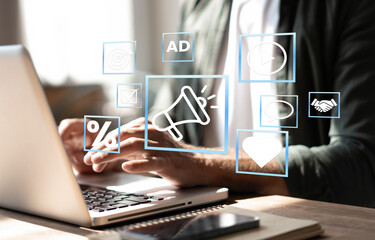 An analyst uses a computer and dashboard for data business analysis and Data Management System with KPI and metrics connected to the database for technology finance, operations, sales, marketing.