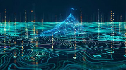 Futuristic digital landscape with glowing blue mountain and circuit board design