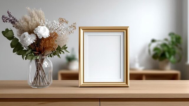 Elegant floral arrangement beside a blank picture frame on a wooden table showcasing a stylish interior design with natural light illuminating the scene and enhancing the decor elements