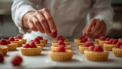 Hands placing raspberries on individual dessert tarts in professional kitchen representing baking and food craft