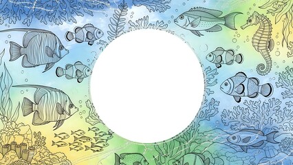 Underwater marine life frame with tropical fish, coral reef and seahorse on colorful watercolor background. Ocean themed border design for aquatic projects.