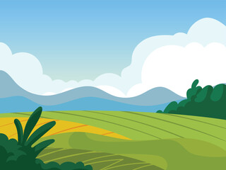 Obraz premium Natural landscape background, green field on mountain and clouds