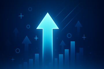 Glowing upward arrow with rising bar chart and abstract geometric background symbolizing business growth, success, and positive performance in futuristic financial or data analytics context
