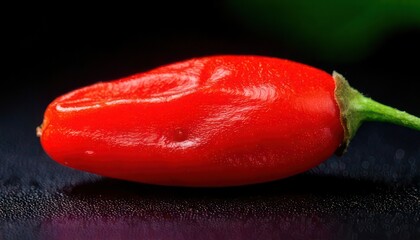 Close-up of a vibrant red chili pepper on a dark surface.