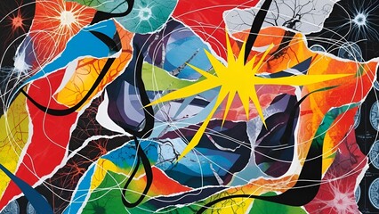 Dynamic abstract collage featuring vibrant colors, torn paper, and starburst elements