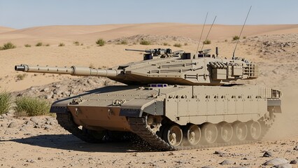 Modern battle tank in desert terrain showcasing advanced military technology