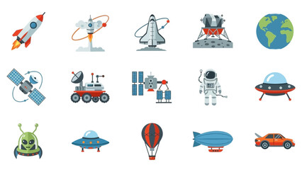 Collection of Space Exploration and Drone Technology Icons in Flat Design