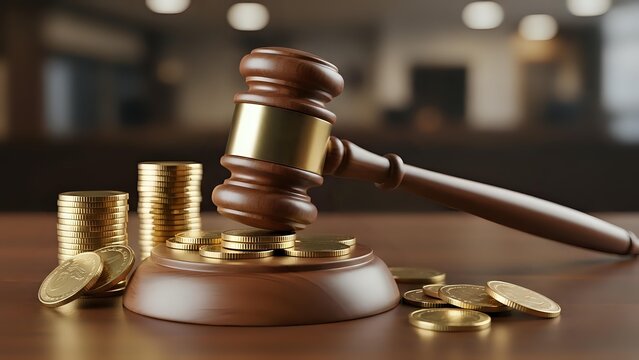 Wooden judge gavel with golden coins on courtroom desk representing legal fees, financial litigation, bankruptcy proceedings, and monetary justice concepts.