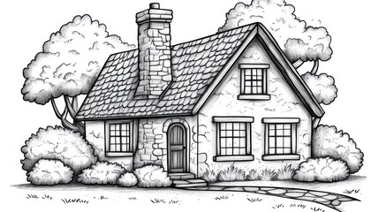 Sketch of a charming stone cottage with trees and shrubs. Possible use Coloring book page