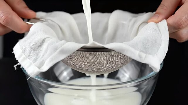 Person pouring milk through cheesecloth into glass bowl