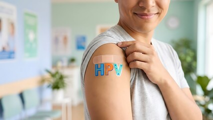 A person showing the arm after getting vaccinated with HPV lettering