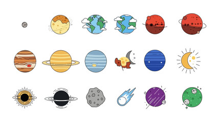 Colorful and playful illustrated solar system planets with space objects and celestial bodies © @_ greta