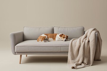 Dog resting on couch with throw blanket in modern home environment showing leisure companionship and peaceful lifestyle