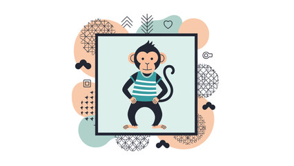 Cute cartoon monkey wearing a striped shirt in a square frame with abstract pastel shapes and patterns in the background.