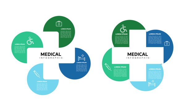 Vector plus infographic, medical diagram, healthcare graph, hospital presentation, emergency chart. Medicine doctor logo. Concept with 4 options, parts, steps, processes. editable vector