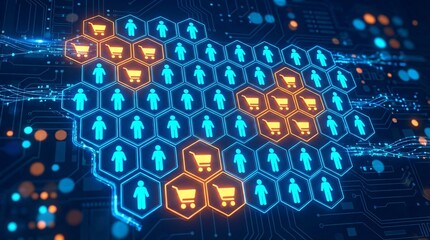 E-commerce network with glowing blue and orange icons on circuit board