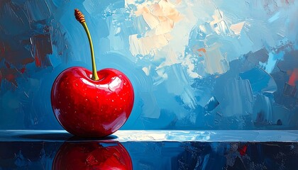 Red Cherry on Reflective Surface with Cloudy Background.