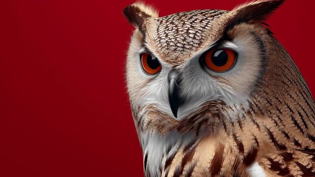 Majestic owl with striking orange eyes and intricate feather patterns gazes intensely, showcasing detailed plumage and captivating expression against a vibrant red background
