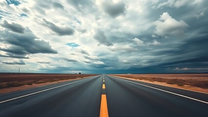 Fototapeta premium vanishing. An empty road stretches under a cloudy sky, leading to a distant vanishing point with calm ambiance. travel magazines, destination branding, designed for travel destination branding.
