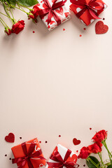 Fototapeta na wymiar A warm Valentine scene features red roses and heart wrapped gifts on a soft pink backdrop, perfect for romance, greeting cards, and love themed promotions.