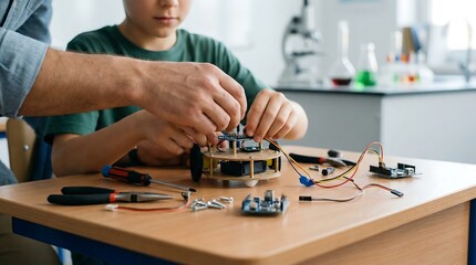 Man helping kid to assemble robot on desk in classroom. Stem education concept for children and future innovation. Robotics workshop for kids.