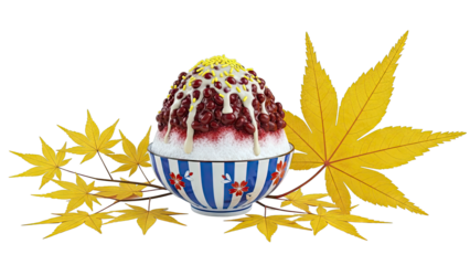 Shaved Ice Dessert with Red Beans, Condensed Milk, and Maple Leaves