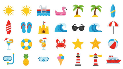 Collection of colorful summer vacation icons depicting water activities, beaches, and tropical © @_ greta