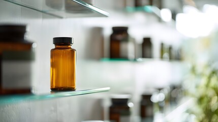 Wellness products displayed on glass shelves evoke clarity and premium health supplement organization