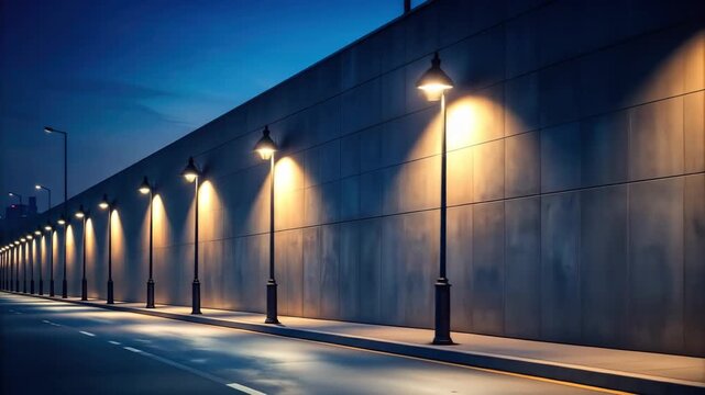 Illuminated street lamps line a road at night, casting light on the pavement.