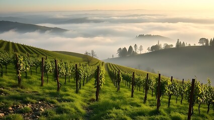 Fototapeta premium passphrase. Nebbiolo grape vineyard on Piedmont hillside with morning fog and rolling hills. travel magazines, destination branding, designed for outdoor magazines and nature guides.