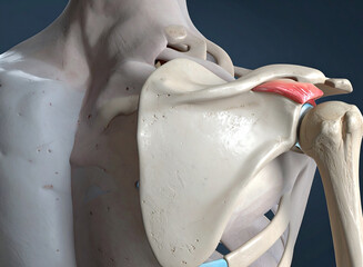 Detailed 3D anatomical rendering of the human shoulder joint showing bones and ligaments.