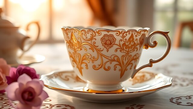 regularizing. Elegant white porcelain teacup with gold filigree patterns, soft window light highlighting delicate details. bar promotions.