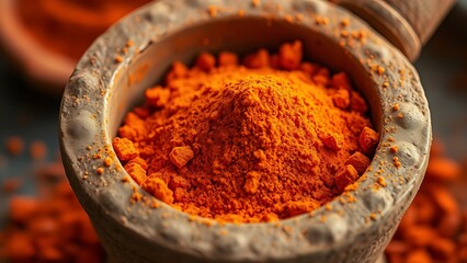 chromatography. A coarse clay mortar filled with vibrant orange-red textured spice powder. menu design, packaging mockups, designed for culinary blogs and recipe cards for restaurants.