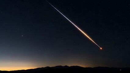 A stunning celestial display as a meteor streaks across the night sky, leaving a fiery trail